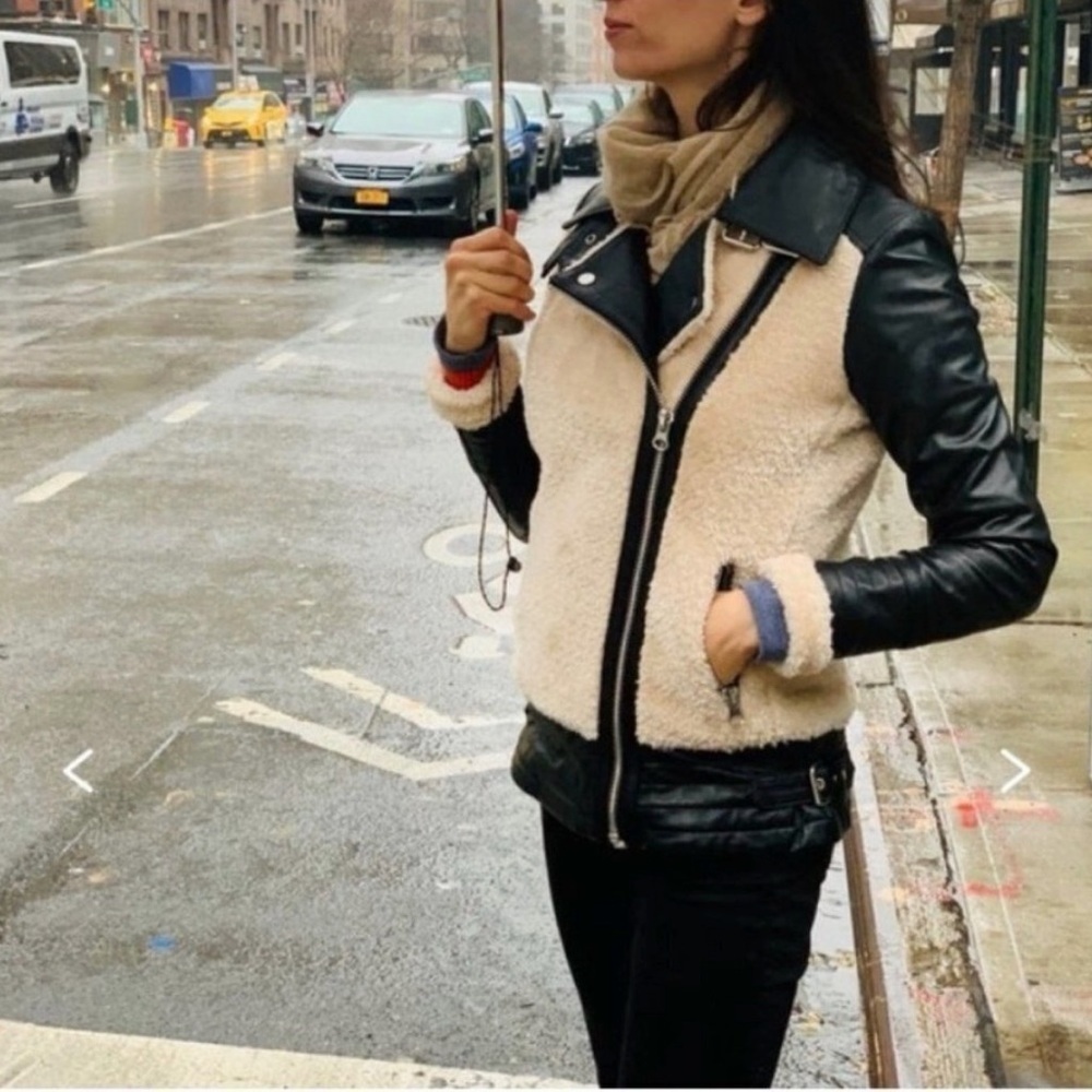 Slate & Willow Womens Large Beige Sherpa Black Genuine Leather Moto Aviator Coat - Picture 2 of 10